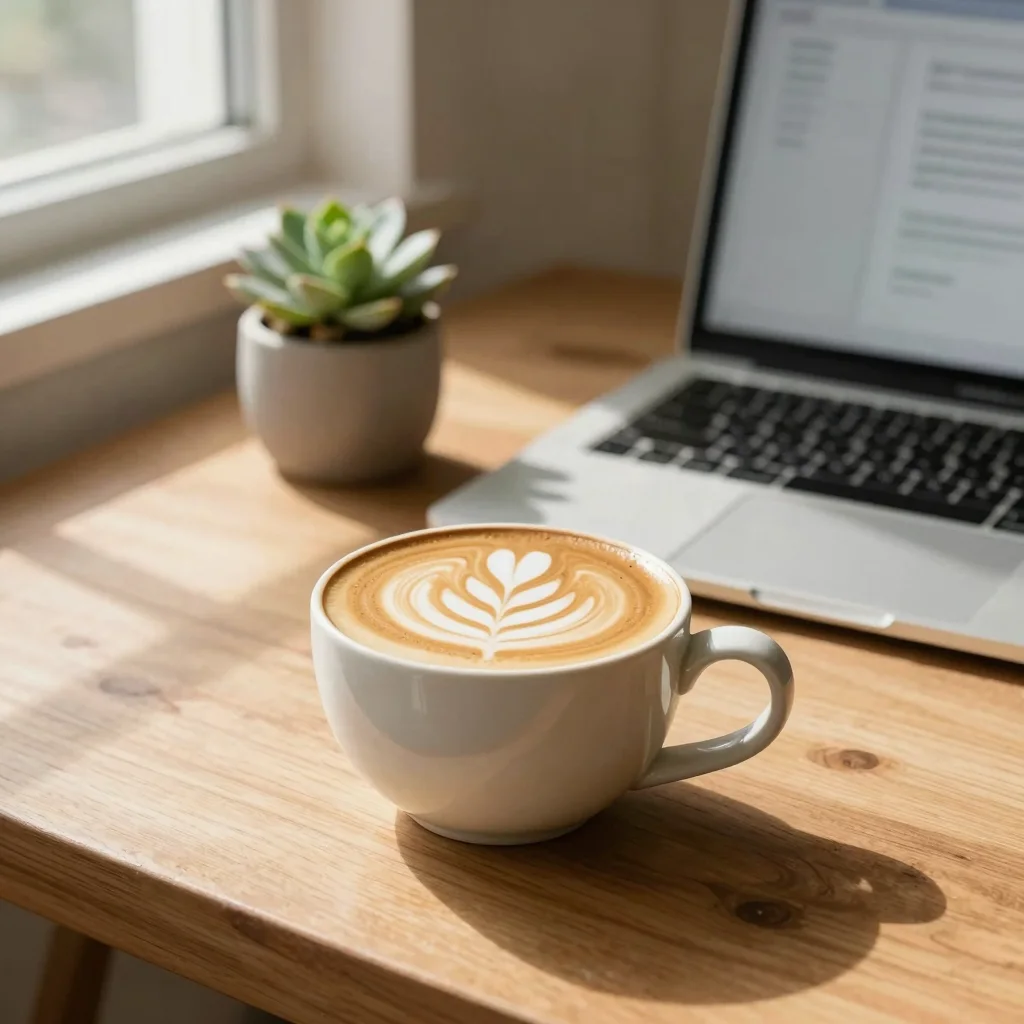 Z-Image product photography example: Prompt 6 - Coffee Cup on Desk