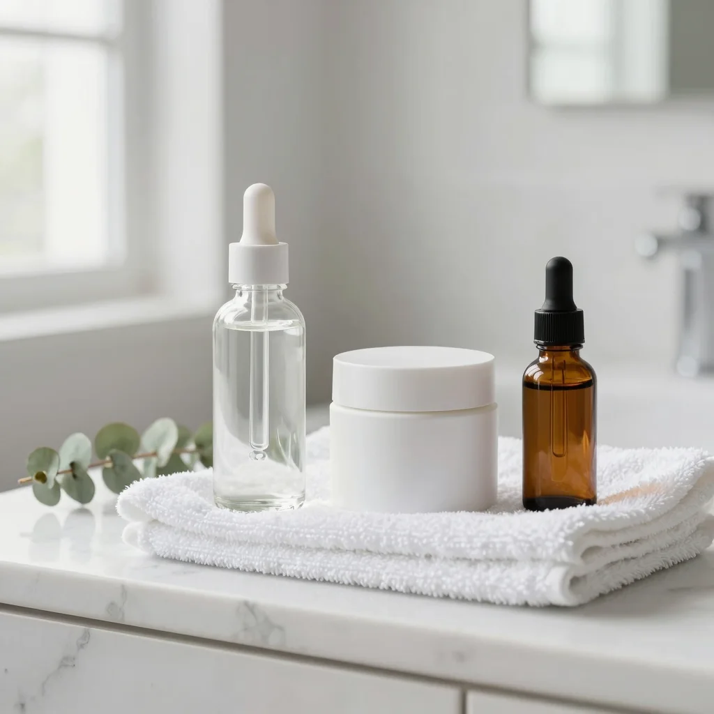 Z-Image product photography example: Prompt 8 - Skincare Products on Bathroom Counter